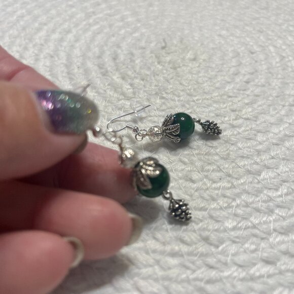 Whimsical GREEN GLASS & SILVER PINECONE Handmade Silver Dangle Earrings #260D - Picture 1 of 3